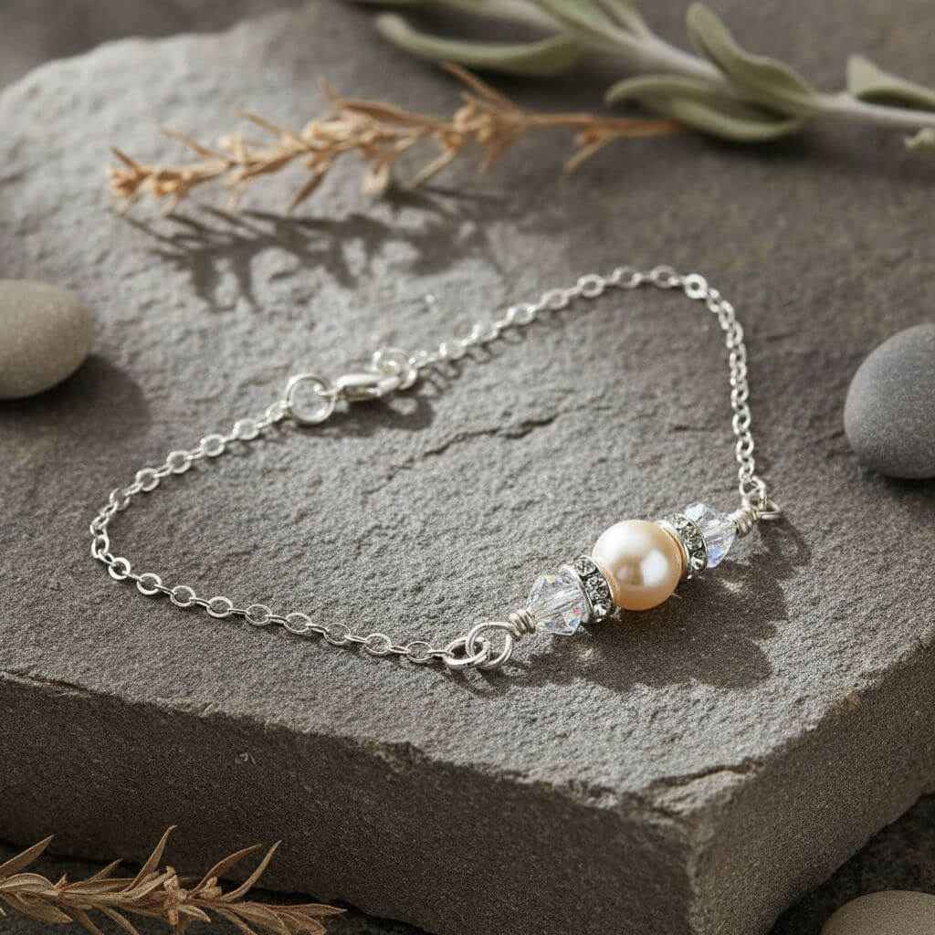 Silver Swarovski Crystal Pearl Bar Bridal Bracelet