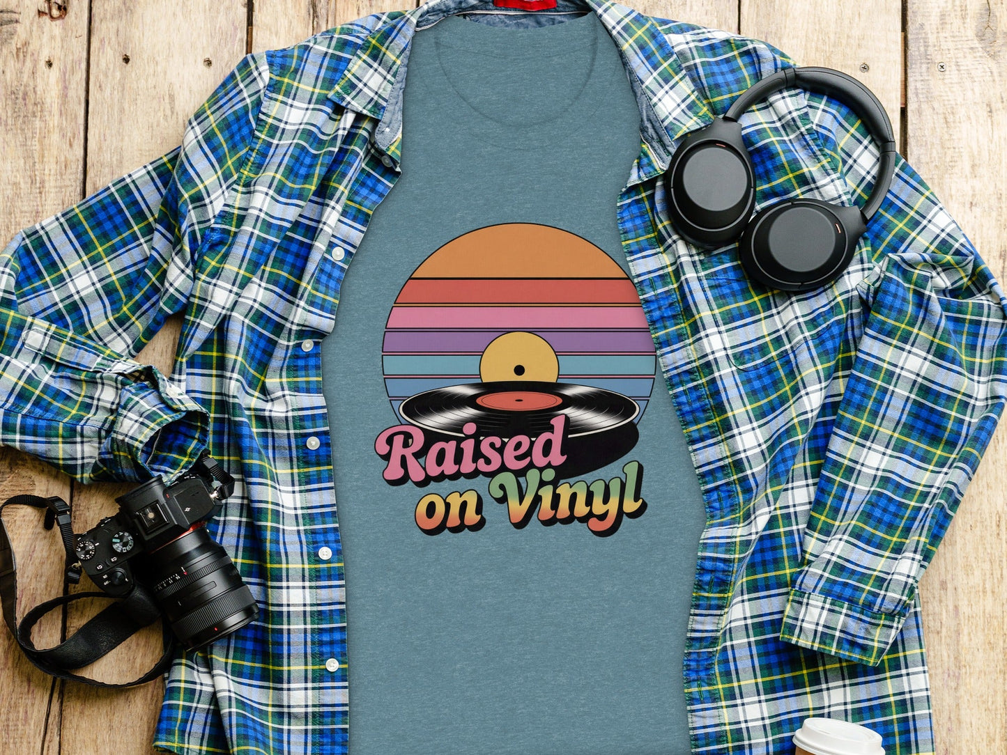 Raised On Vinyl Vintage Retro Style Design Graphic T-Shirt
