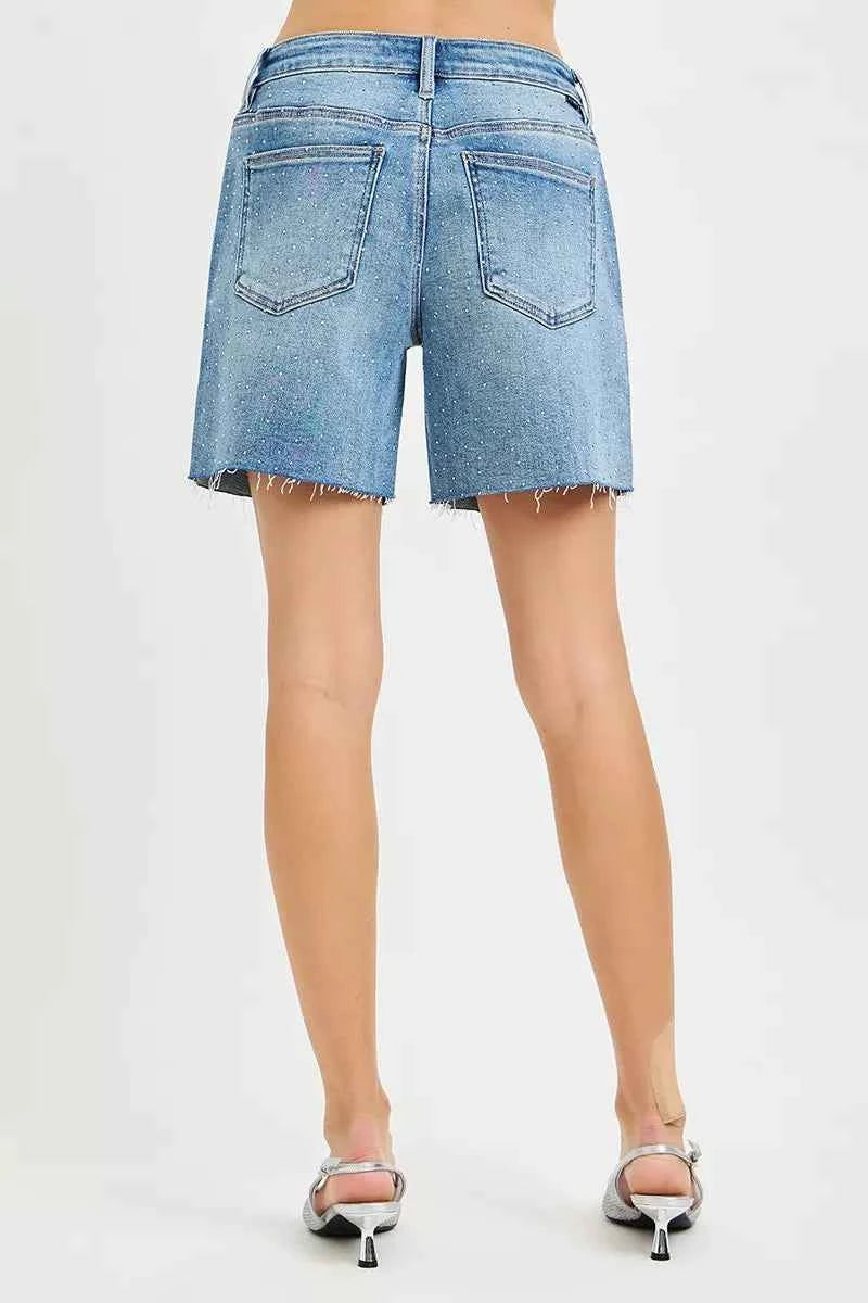 RISEN Slouchy Mid Length All Over Rhinestones Shorts