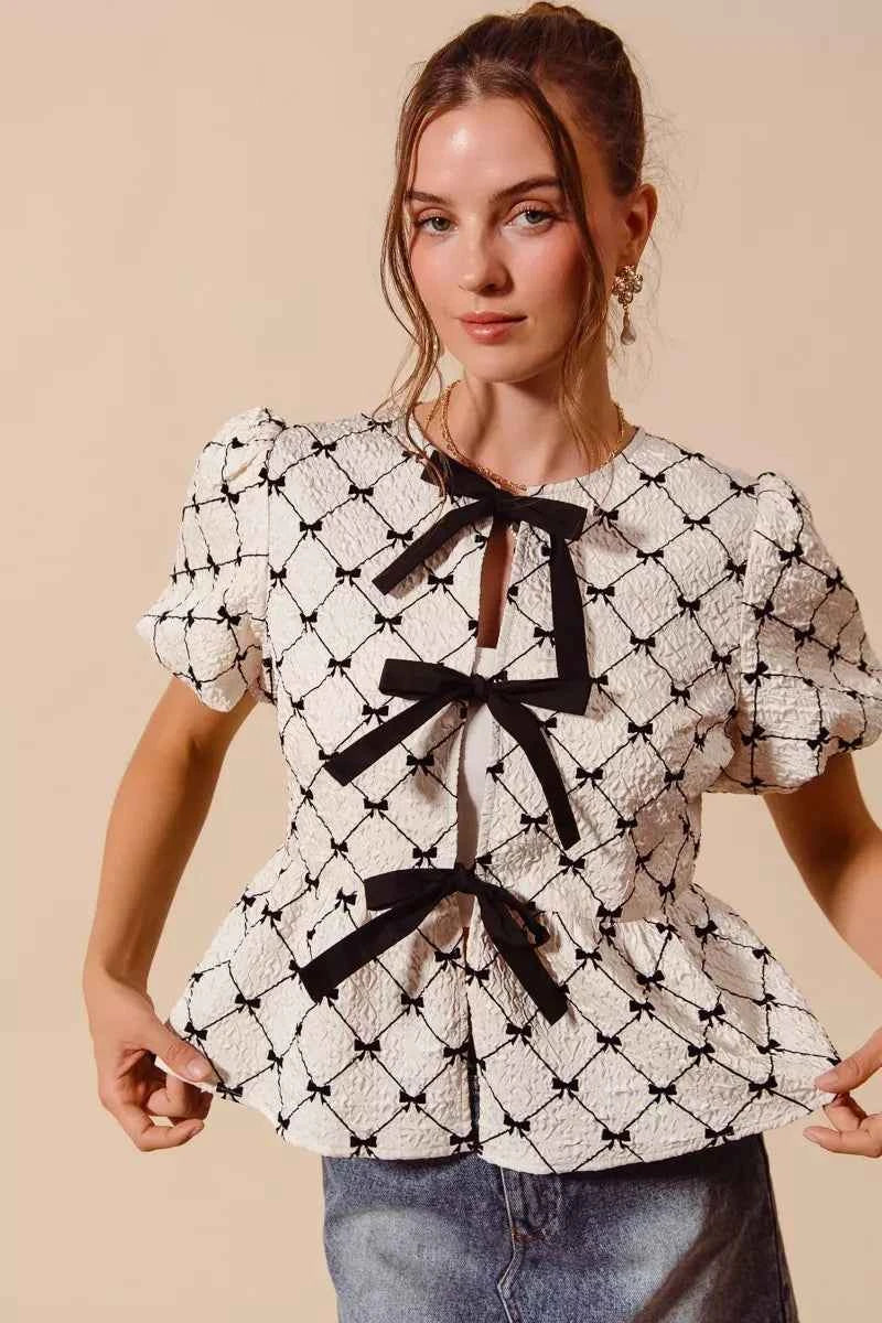 Ivory Textured Peplum Top with Bow Detail & Contrast Tie by So Me