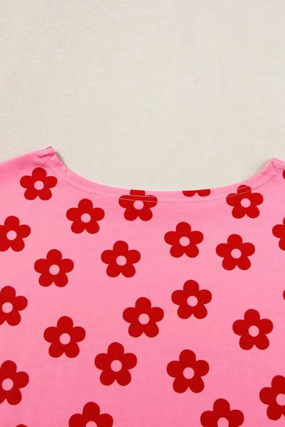 Pink & Red Floral Cropped Tee and Shorts Womens Loungewear Set