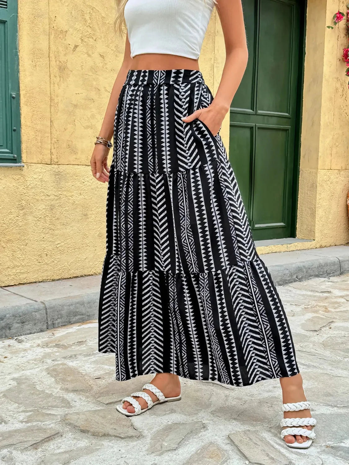 Black and White Tiered Bohemian Maxi Skirt with Pockets