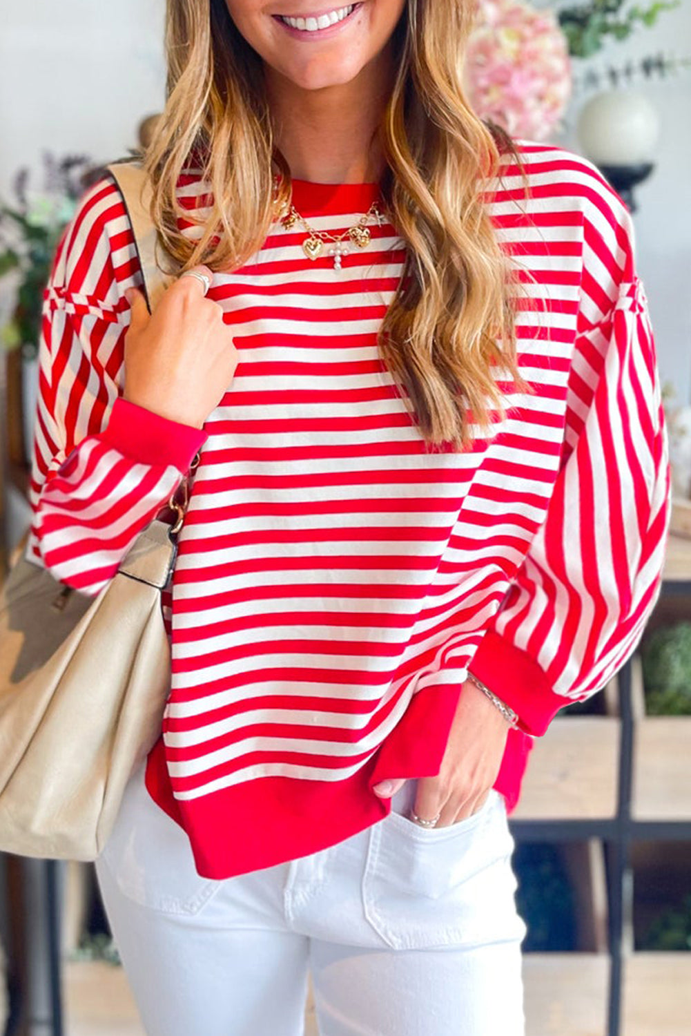Red Striped Exposed Seam Drop Shoulder Long Sleeve Top