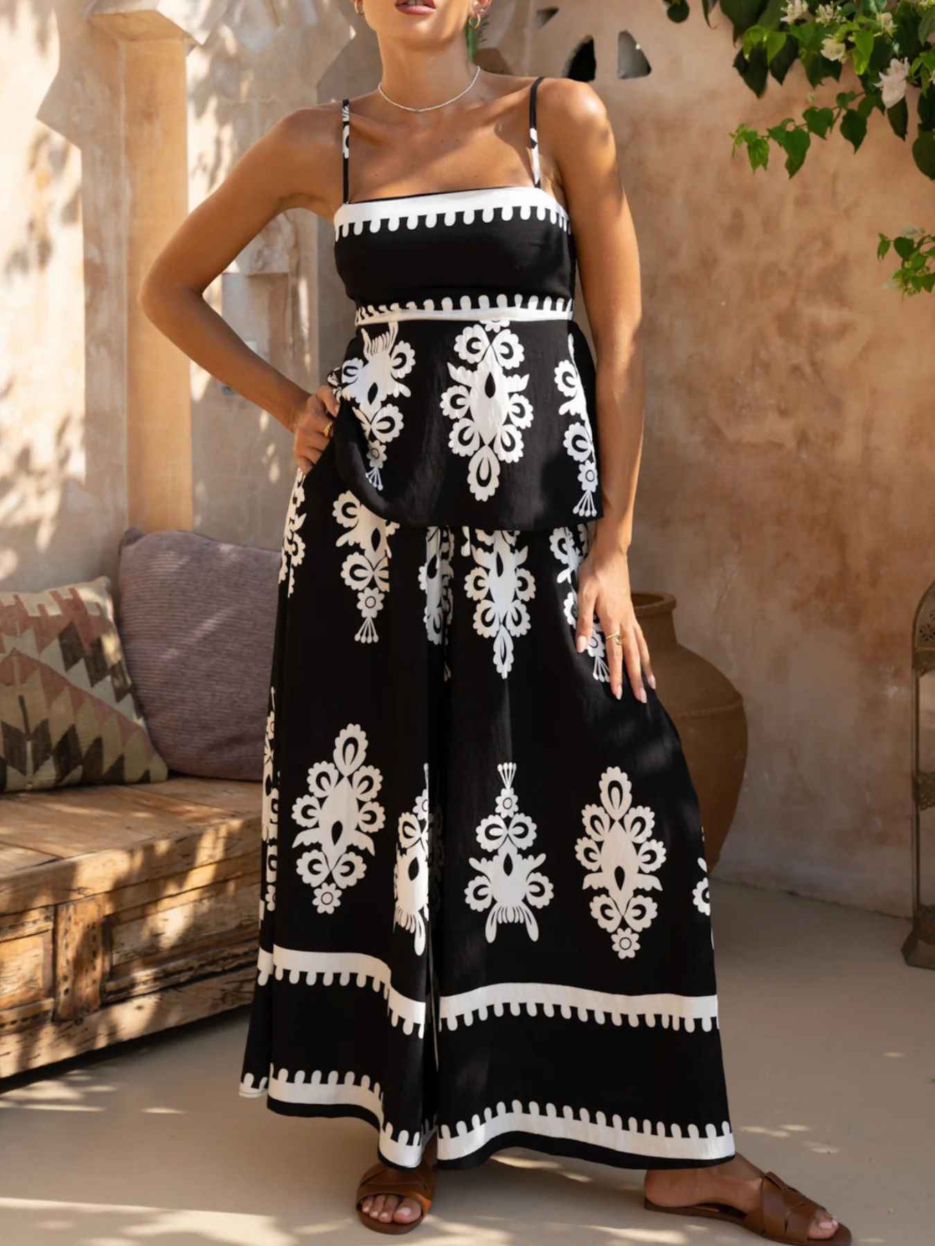 Full Size Printed Cami and Wide Leg Pants Set Plus Size