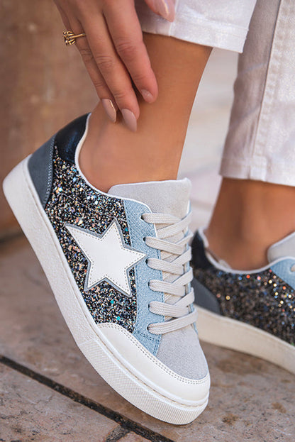 Shiny Silver Sequin Star Patch Lace Up Shoes For Night Out
