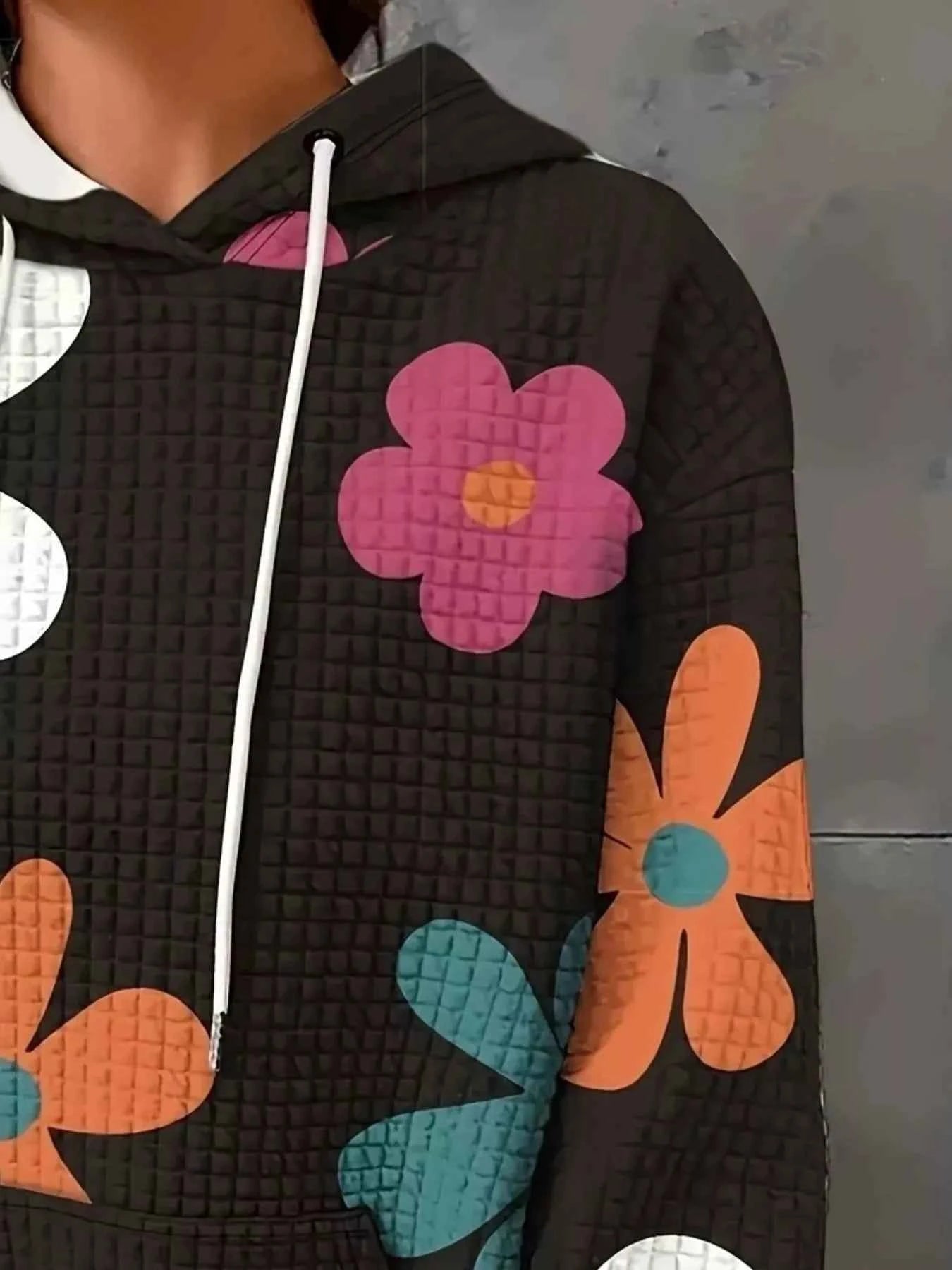 Floral Print Textured Drawstring Hoodie