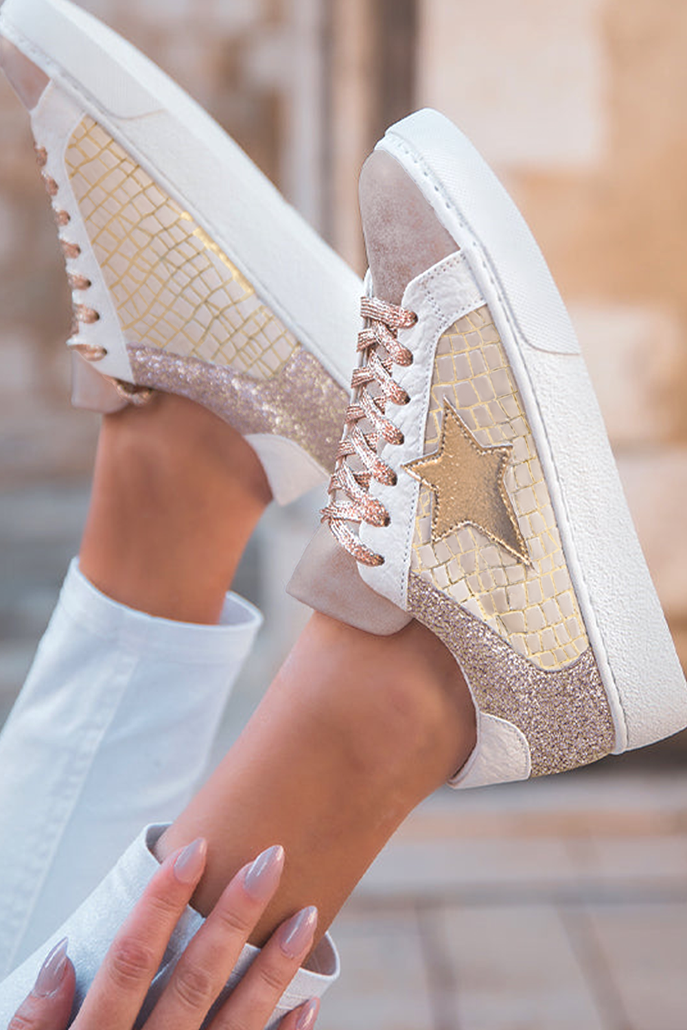 Gold Glitter Star Patchwork PU Leather Lace Up Sneakers