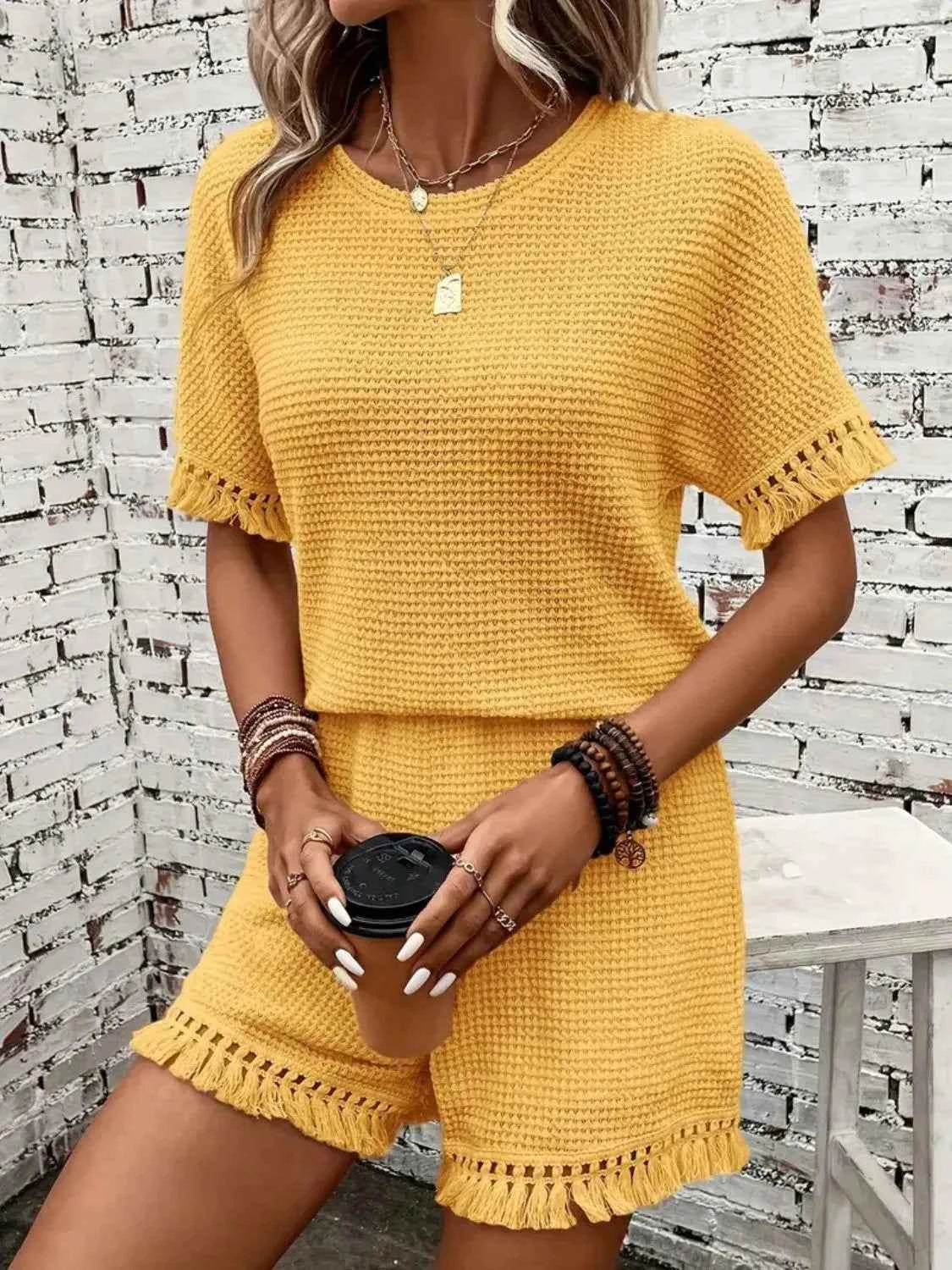 Tassel Round Neck Top and Shorts Set