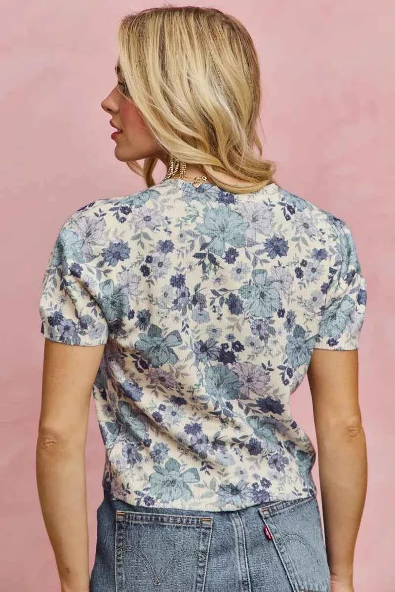 Blue Floral Print Short Sleeves Sweater Knit Top by SO ME