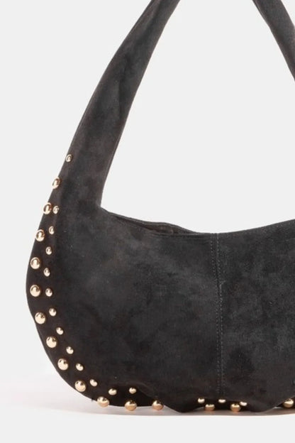 Fame Metallic Studded Faux Suede Shoulder Bag Black