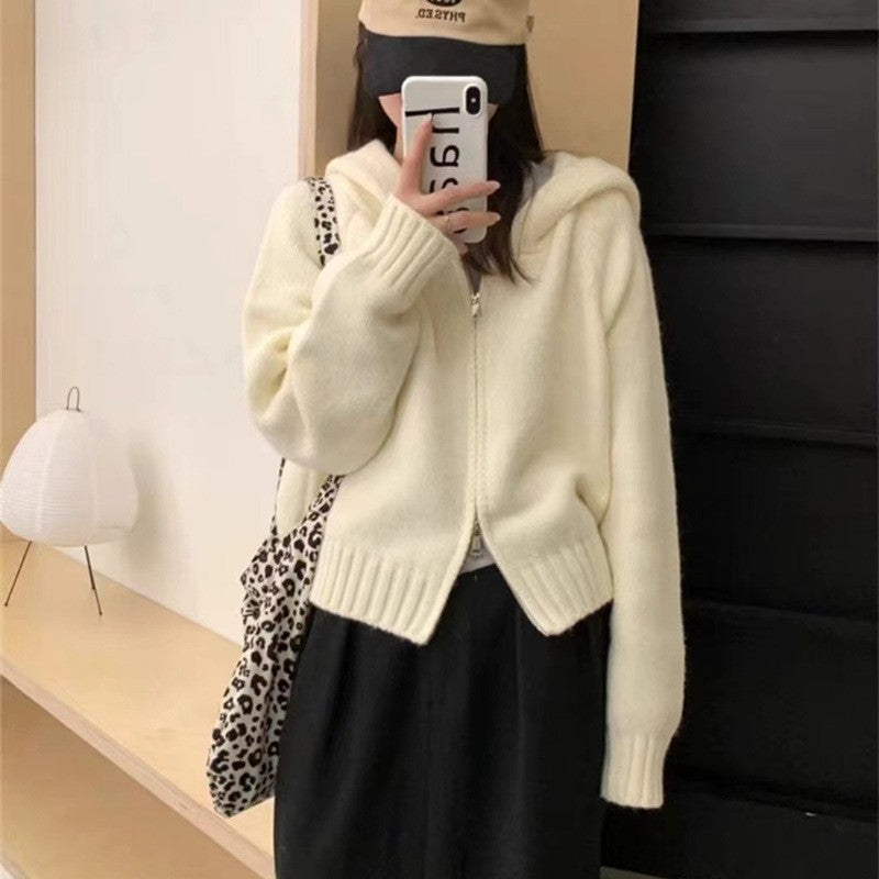 Solid Color Long Sleeve Hooded Zipper Knitted Cardigan Sweater