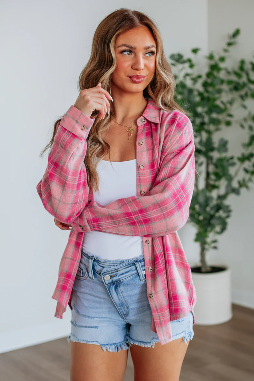 Sachet Pink Plaid Rounded Hem Long Sleeve Shirt Casual