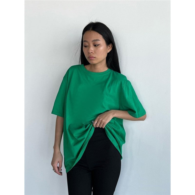 Casual Loose Fit Crewneck Short Sleeve Cotton T-Shirt in Solid Color