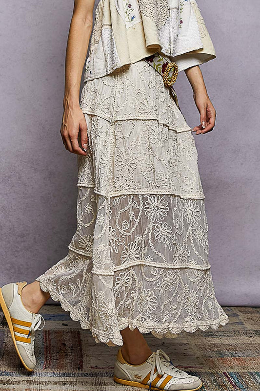 POL Floral Embroidered Tiered Crochet Skirt