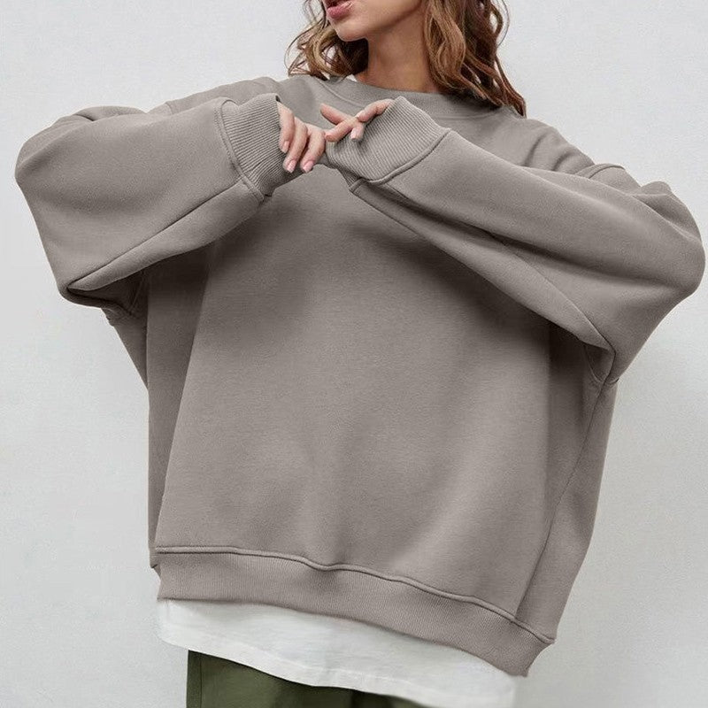 Casual Loose Fit Solid Color Crewneck Cotton Sweatshirt