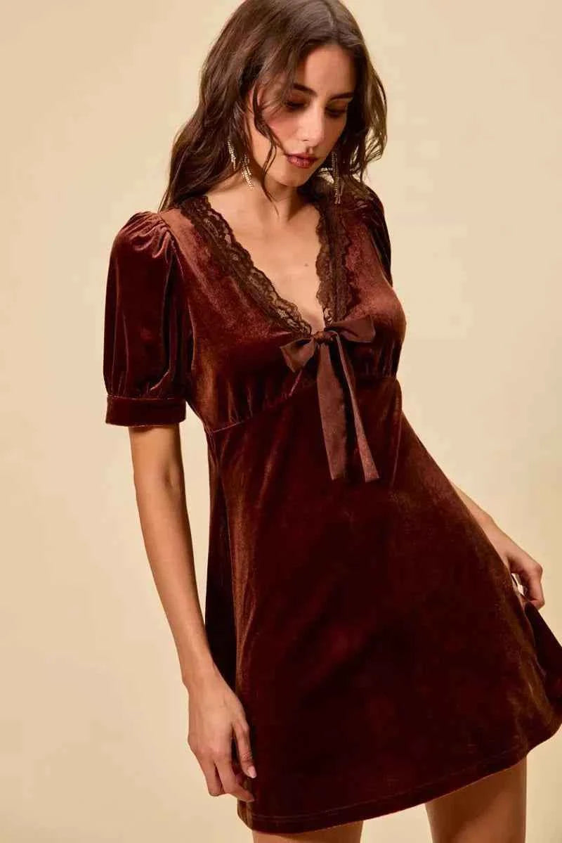 Mauve Velvet Short Sleeves Mini Dress w/ Bow by So Me
