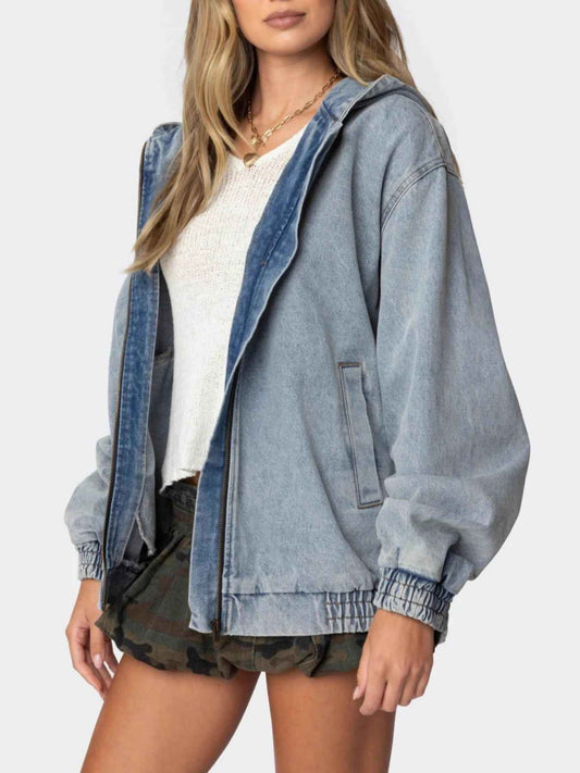 Hooded Oversized Zip Up Denim Jacket