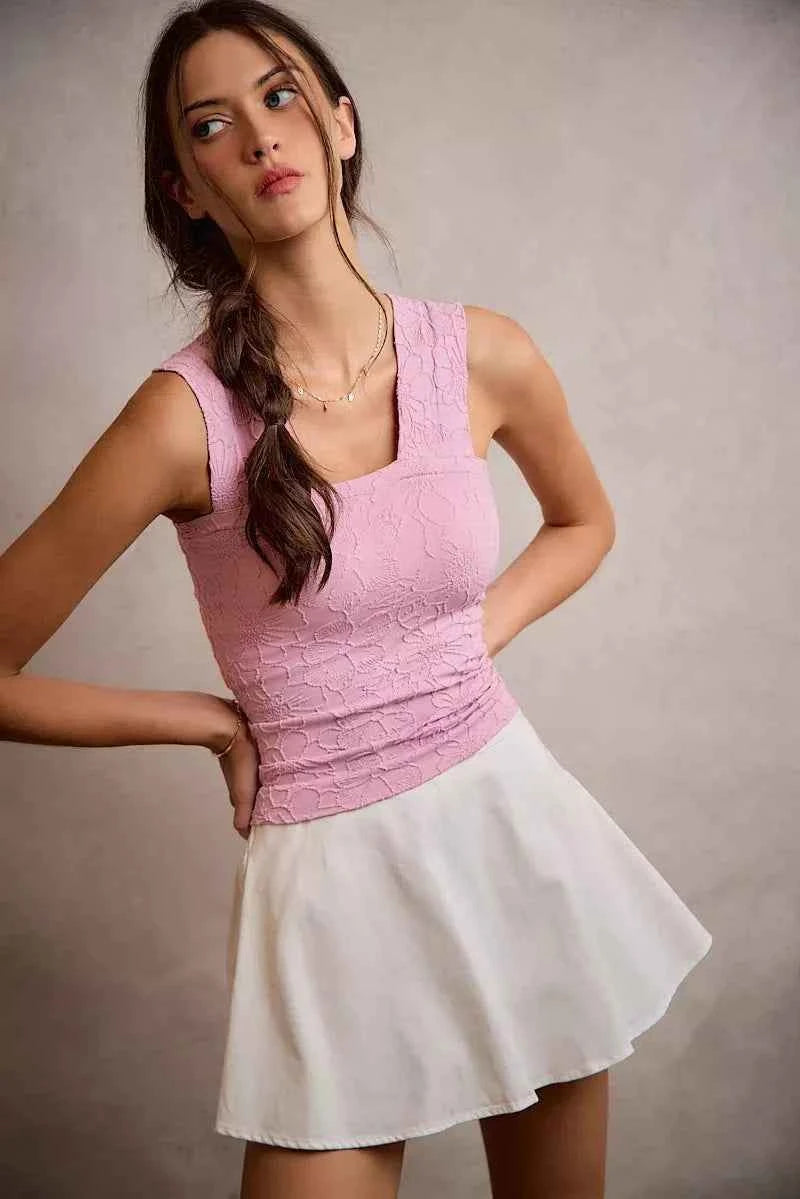 White Denim Bubble Skort with Smocked Back Waist by SO ME