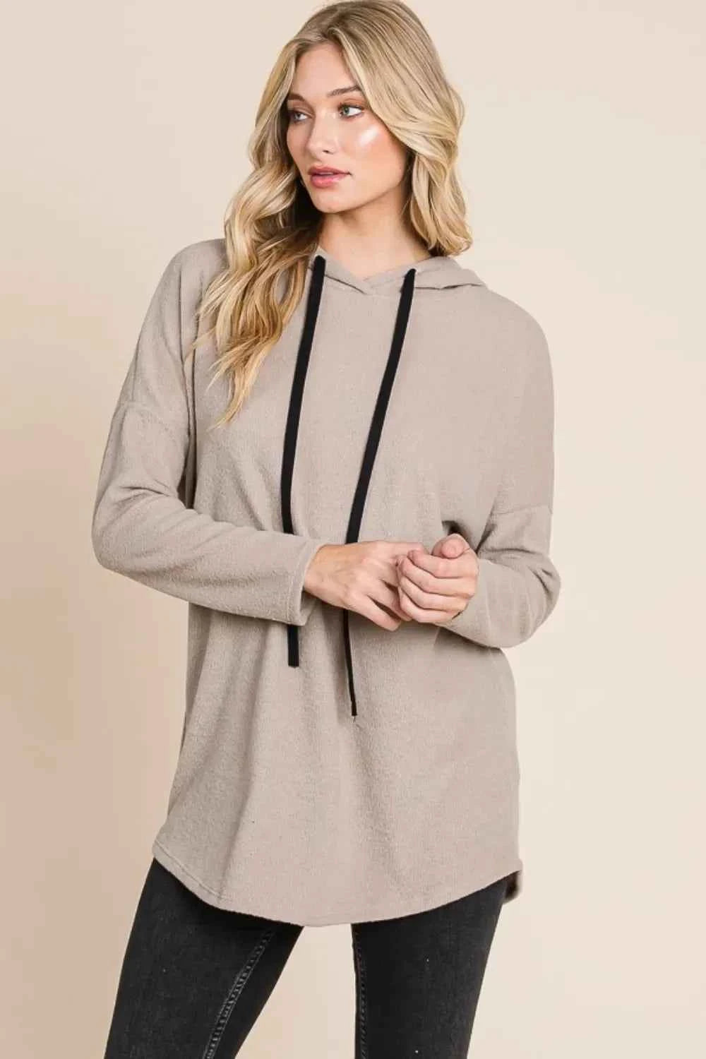 BOMBOM Contrast Drawstring Drop Shoulder Knit Hoodie