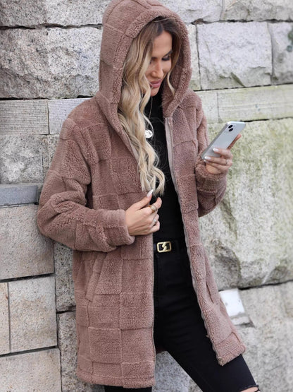 Oversized Fleece Zip Up Hooded Outerwear With Pockets