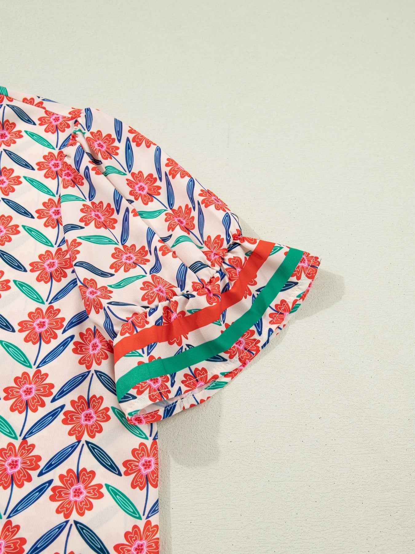 Floral Print Striped Detail V Neck Ruffled Short Sleeve Blouse