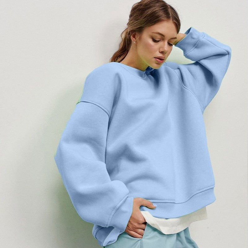 Casual Loose Fit Solid Color Crewneck Cotton Sweatshirt