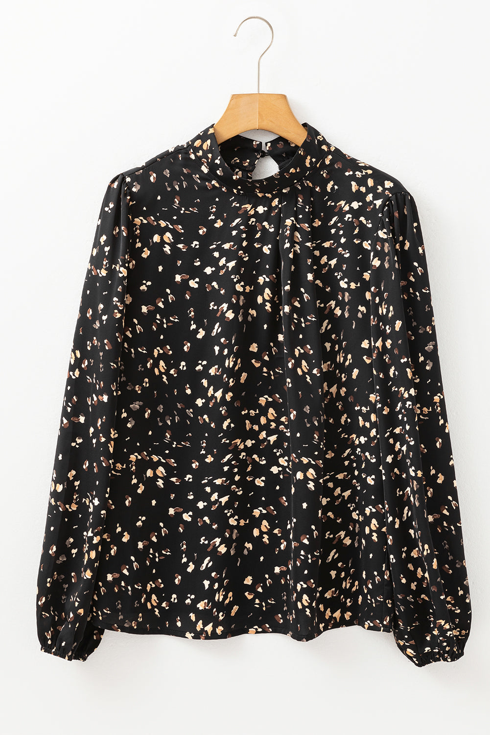 White Leopard Print Puff Sleeve Mock Neck Pleated Blouse