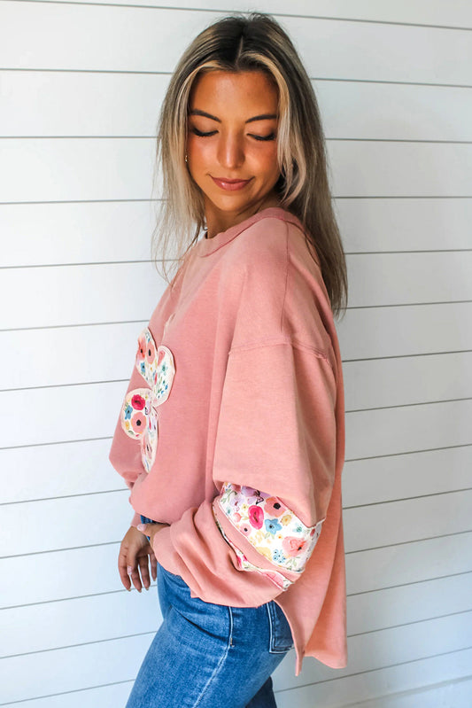 Peach Blossom Flower Applique Patchwork Drop Sleeve Pullover Sweatshirt
