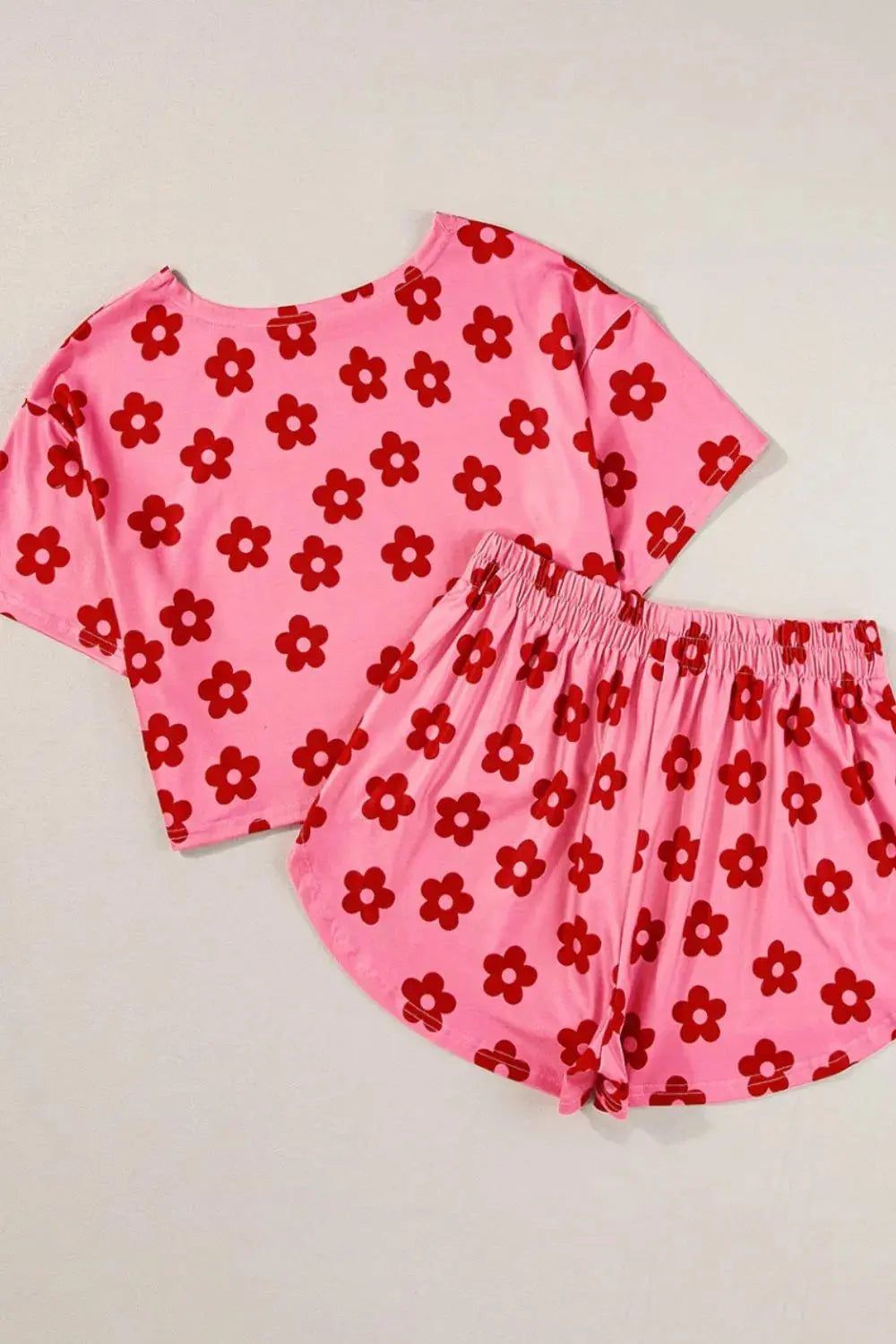 Pink & Red Floral Cropped Tee and Shorts Womens Loungewear Set
