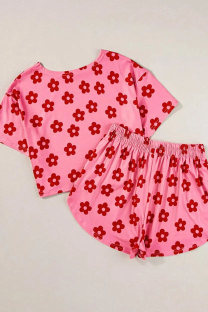 Pink & Red Floral Cropped Tee and Shorts Womens Loungewear Set