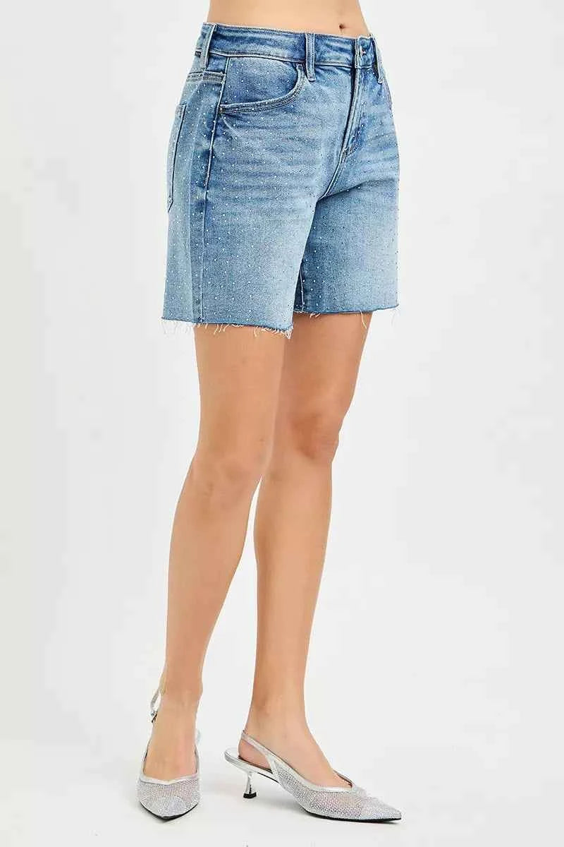 RISEN Slouchy Mid Length All Over Rhinestones Shorts