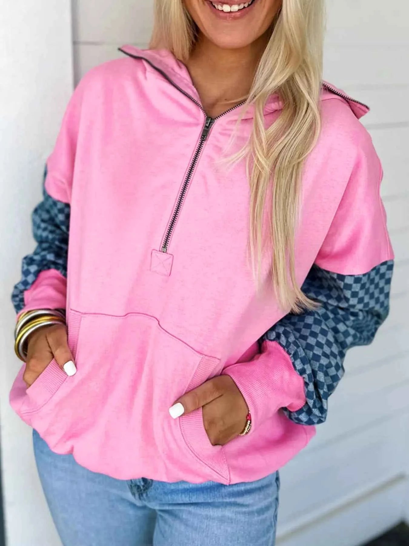 Half Zip Checkered Sleeve Hoodie