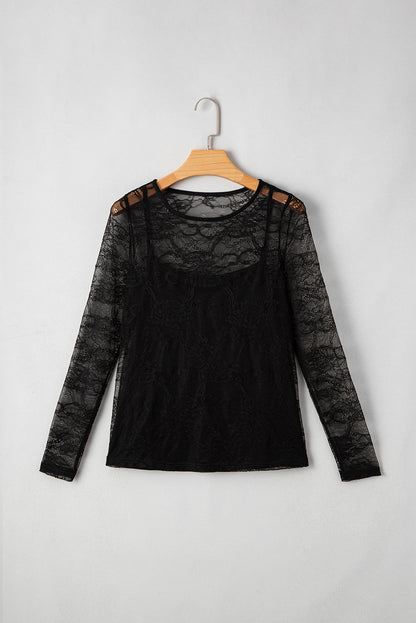 Amira Lace Crochet Mesh Slim Fit Long Sleeve Top