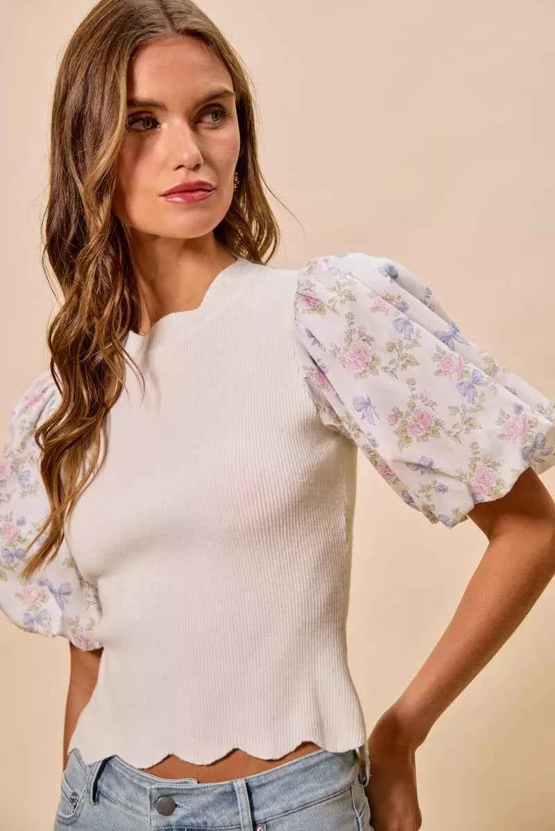 White Floral Contrast Sleeve Scallop Sweater Top by SO ME