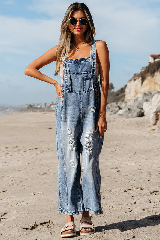 Baylor Distressed Bib Pocket Wide Leg Denim Overall