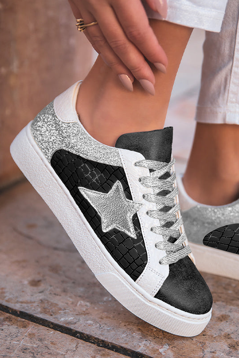 Gold Glitter Star Patchwork PU Leather Lace Up Sneakers