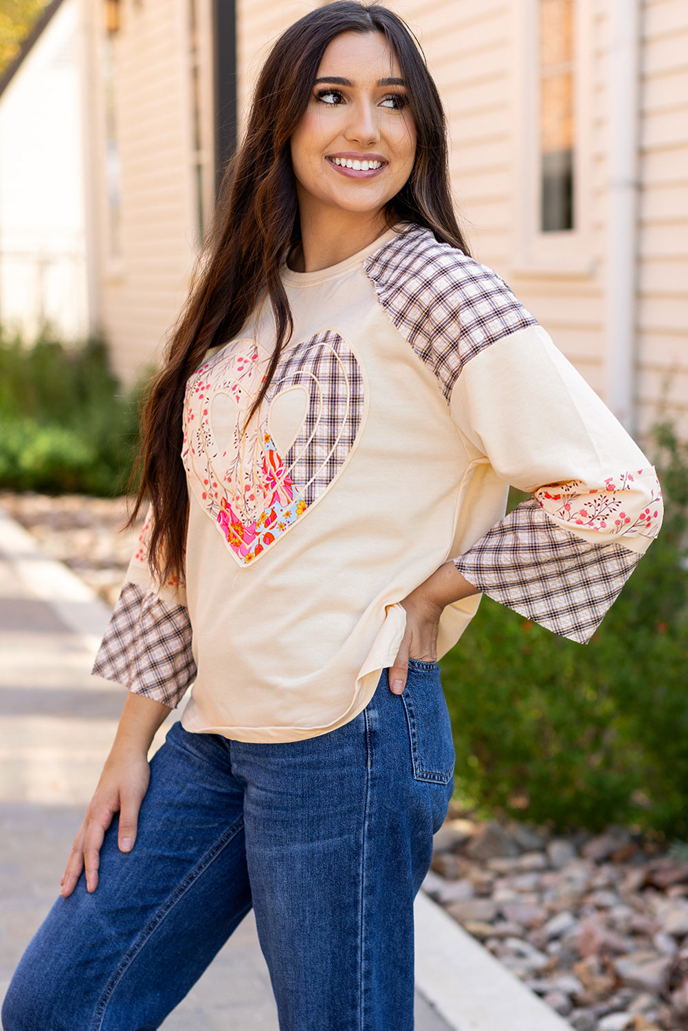 Plaid Floral Peace Heart Long Sleeve Top