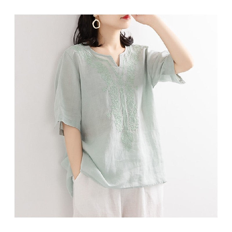 Embroidered Cotton Linen Blend Solid Color T-Shirt