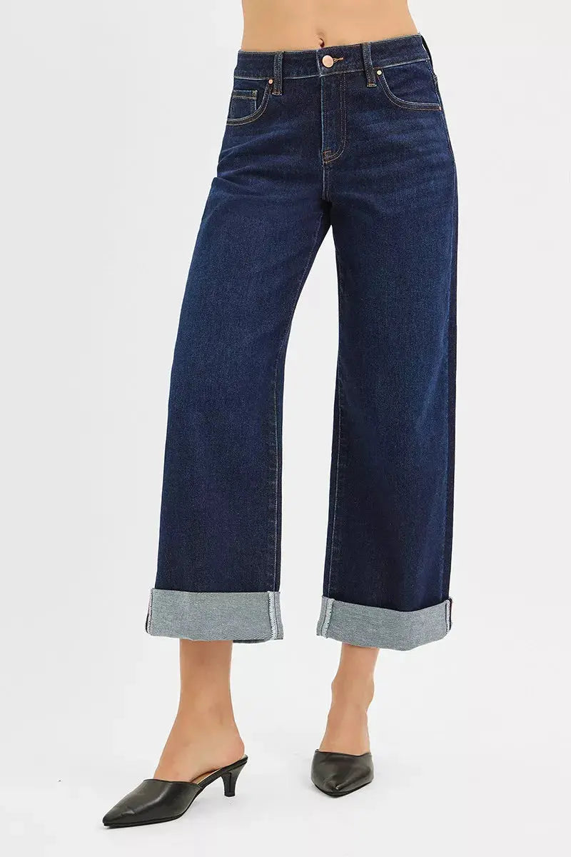 RISEN Jeans - Mid Rise Fit Ankle Wide Roll Up Jeans