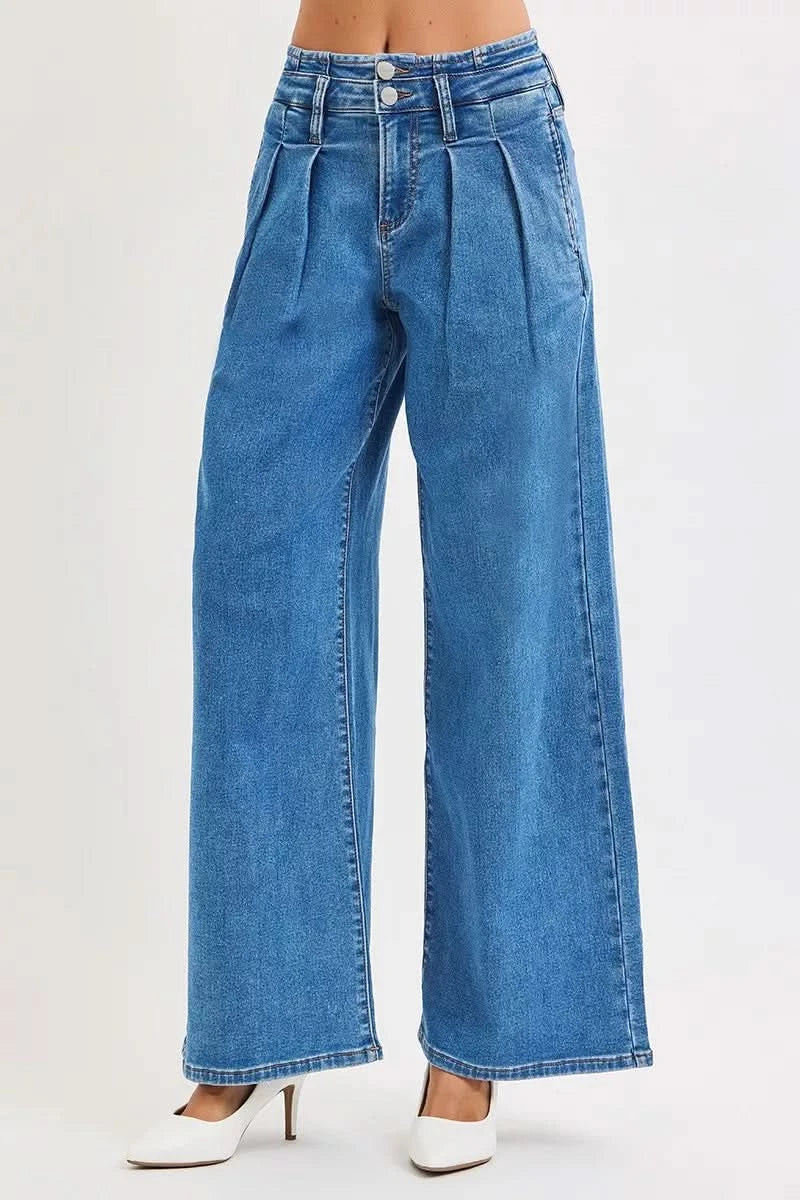 RISEN Plus Size Mid Rise Wide Leg Jeans With Pleated Detail For Flattering All Day Comfort Full Size