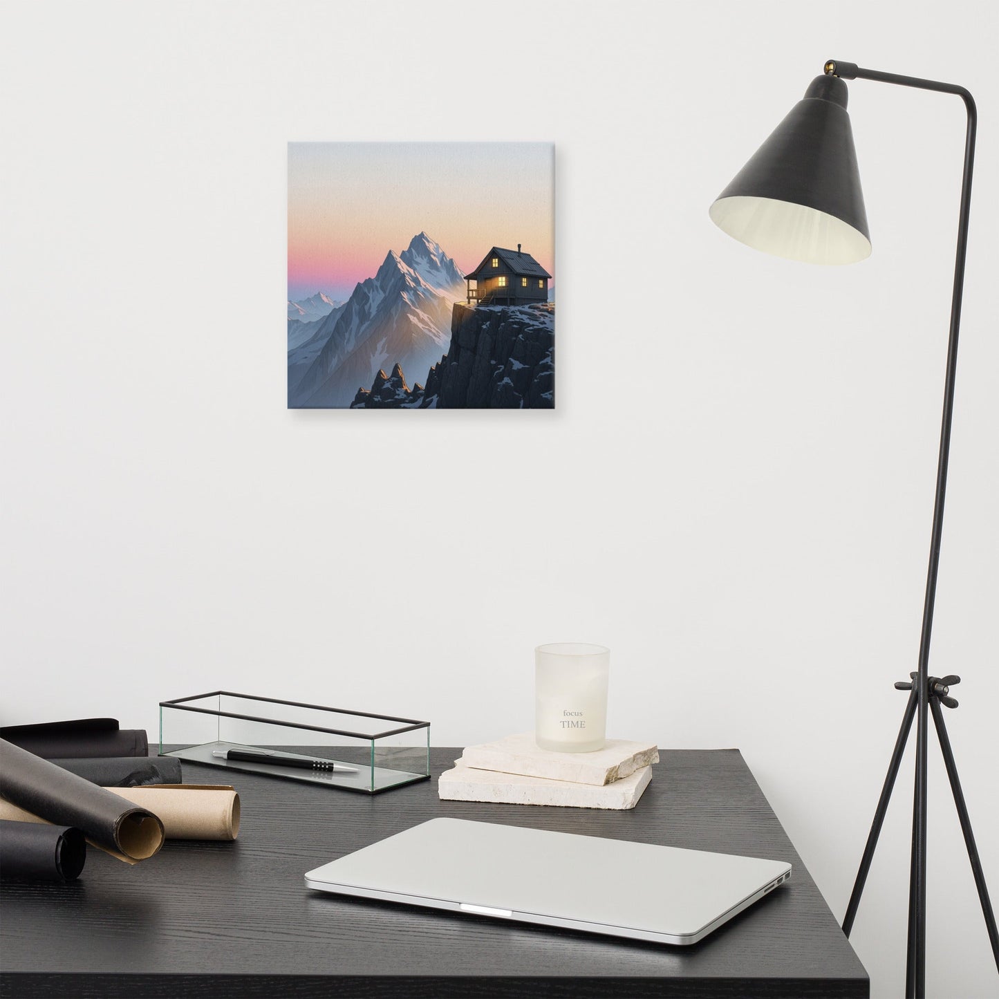 Alpine Glow Art Print | Cozy Mountain Cabin at Sunset with Snowy Peaks – Serene Alpine Landscape Wall Art on Canvas