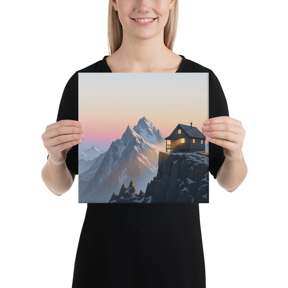 Alpine Glow Art Print | Cozy Mountain Cabin at Sunset with Snowy Peaks – Serene Alpine Landscape Wall Art on Canvas