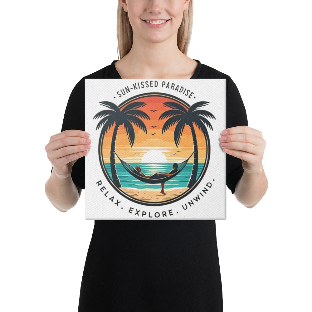Sun-Kissed Paradise Art Print | Tropical Hammock Sunset Scene with Palm Trees – Coastal Relaxation Wall Art on Canvas