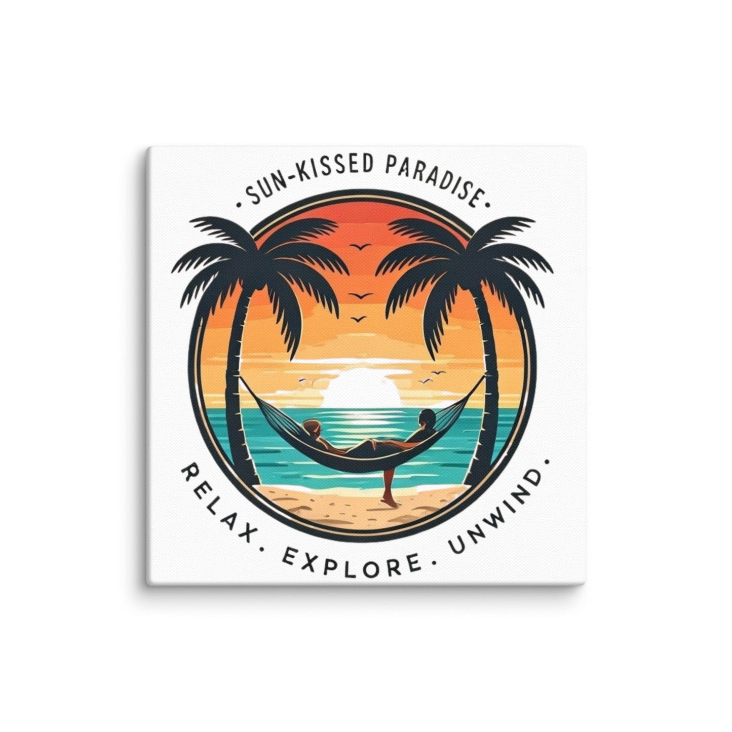 Sun-Kissed Paradise Art Print | Tropical Hammock Sunset Scene with Palm Trees – Coastal Relaxation Wall Art on Canvas