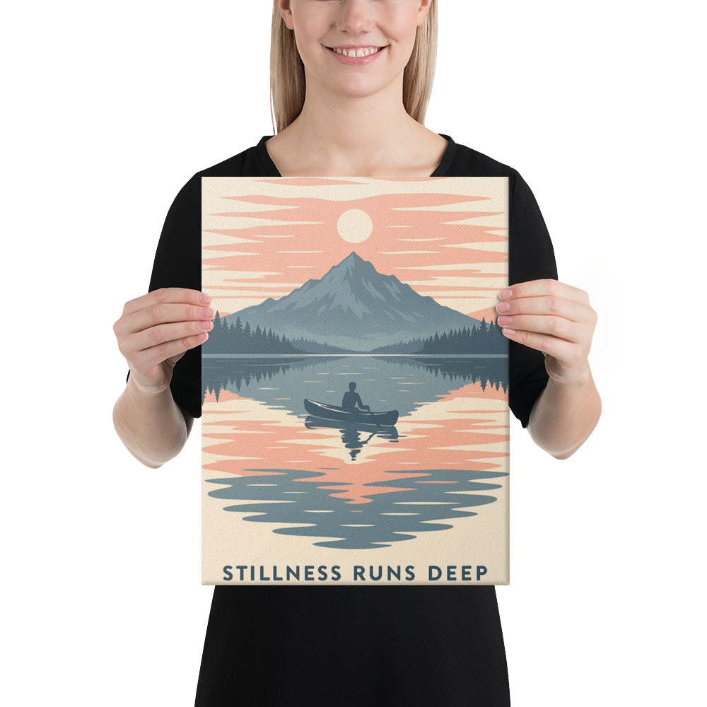 Stillness Runs Deep Art Print | Canoe on Reflective Lake with Mountain Sunset – Peaceful Wilderness Wall Art