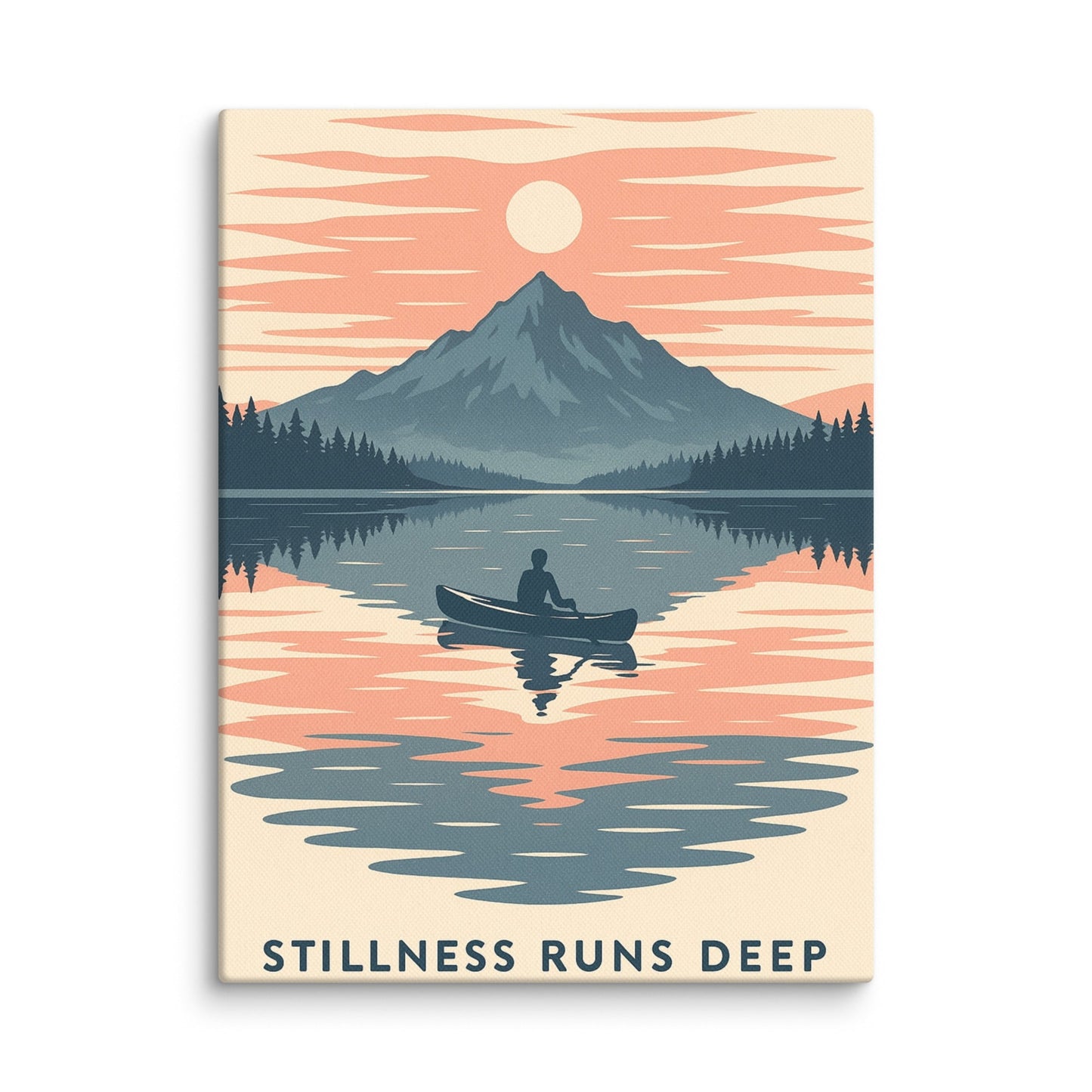 Stillness Runs Deep Art Print | Canoe on Reflective Lake with Mountain Sunset – Peaceful Wilderness Wall Art