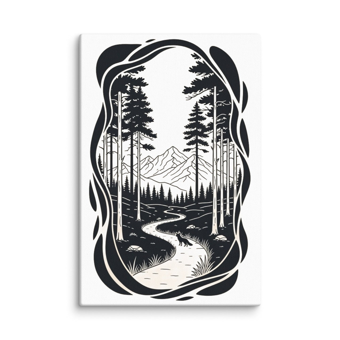 The Trail Ahead Art Print | Monochrome Forest Trail with Pine Trees and Mountain View – Minimalist Black & White Vertical Canvas Wall Art