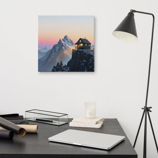 Alpine Glow Art Print | Cozy Mountain Cabin at Sunset with Snowy Peaks – Serene Alpine Landscape Wall Art on Canvas