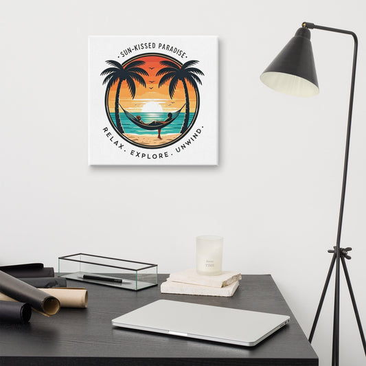 Sun-Kissed Paradise Art Print | Tropical Hammock Sunset Scene with Palm Trees – Coastal Relaxation Wall Art on Canvas