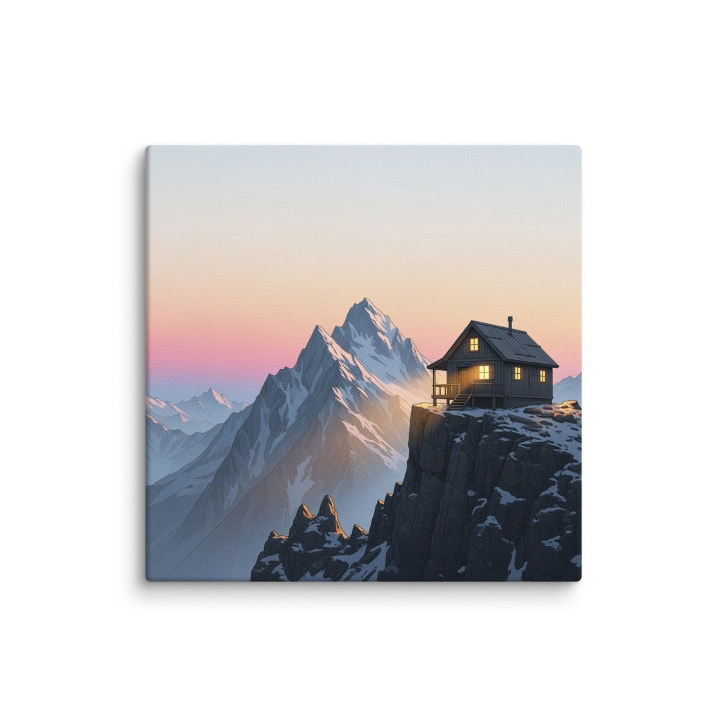 Alpine Glow Art Print | Cozy Mountain Cabin at Sunset with Snowy Peaks – Serene Alpine Landscape Wall Art on Canvas